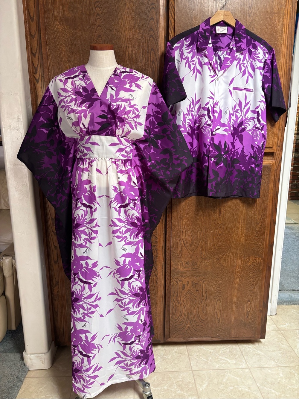 Purple & White Floral Kimono Dress and Matching Mens Shirt. Honeymoon set.